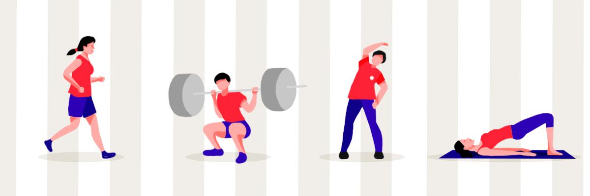 Examples of exercising before bed: A girl jogging, a man lifting a barbell, a man doing side stretches and a girl doing the yoga bridge pose.