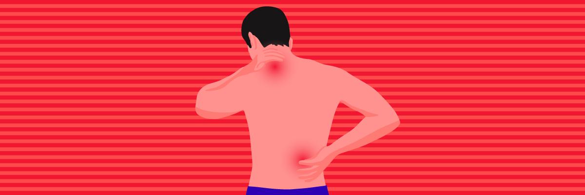 A man in pain with his back turned, holding his neck and lower back.