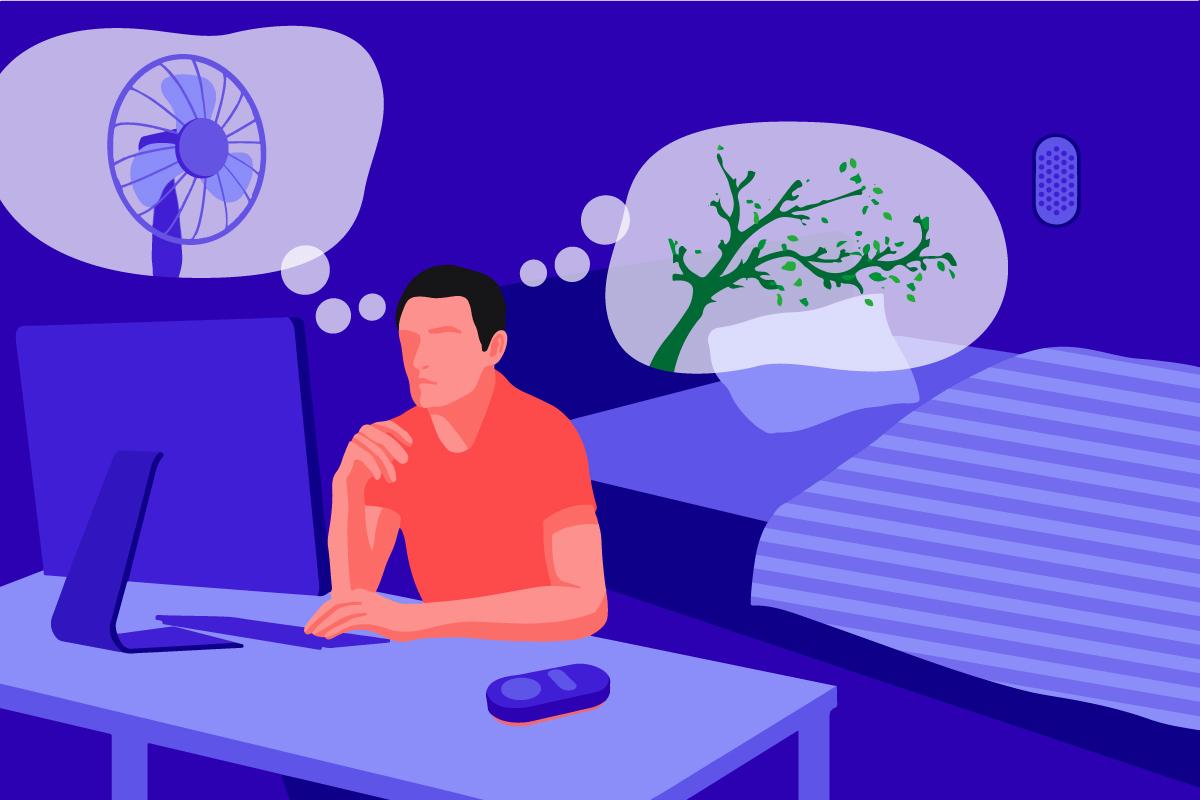 A man sitting on his desk in his bedroom, pondering white noise vs green noise to help him focus. There are 2 thought bubbles over his head, one containing a fan representing white noise. The other is a tree with rustling leaves, representing green noise.
