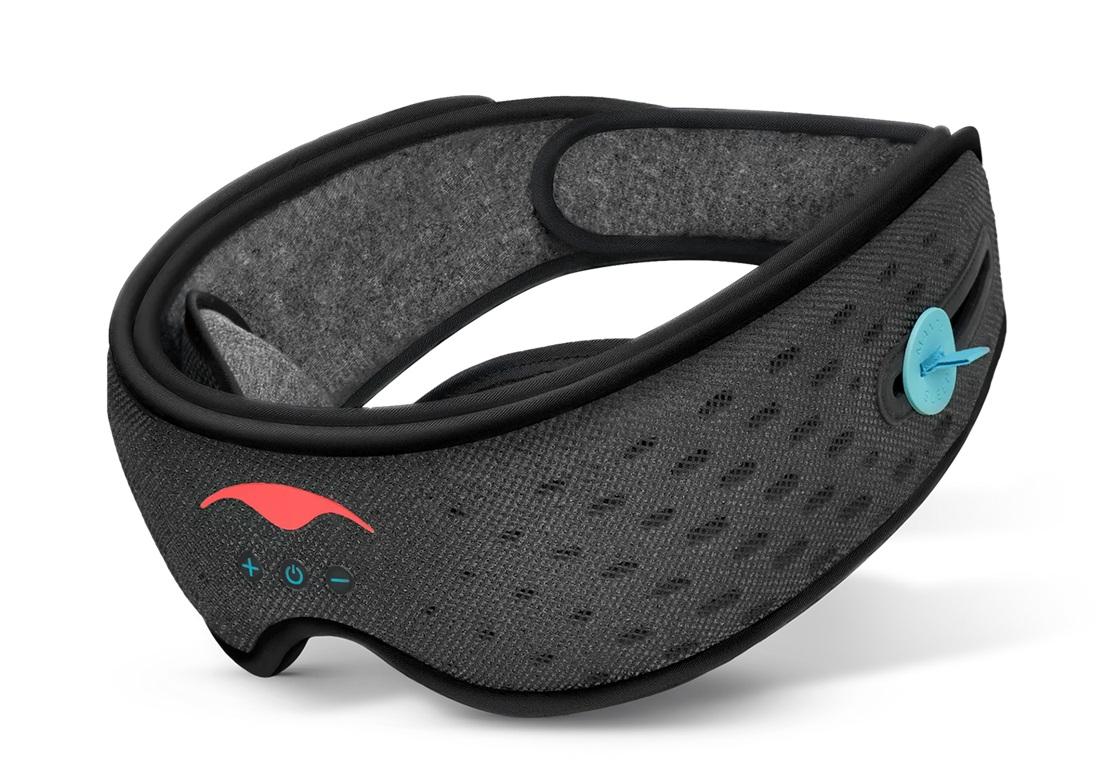 A black mesh Bluetooth sleep mask.