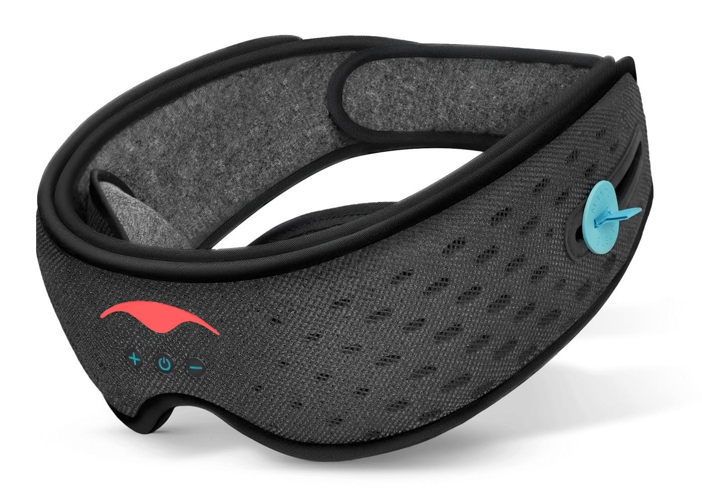 A black mesh sleep mask with headphones for side sleepers.