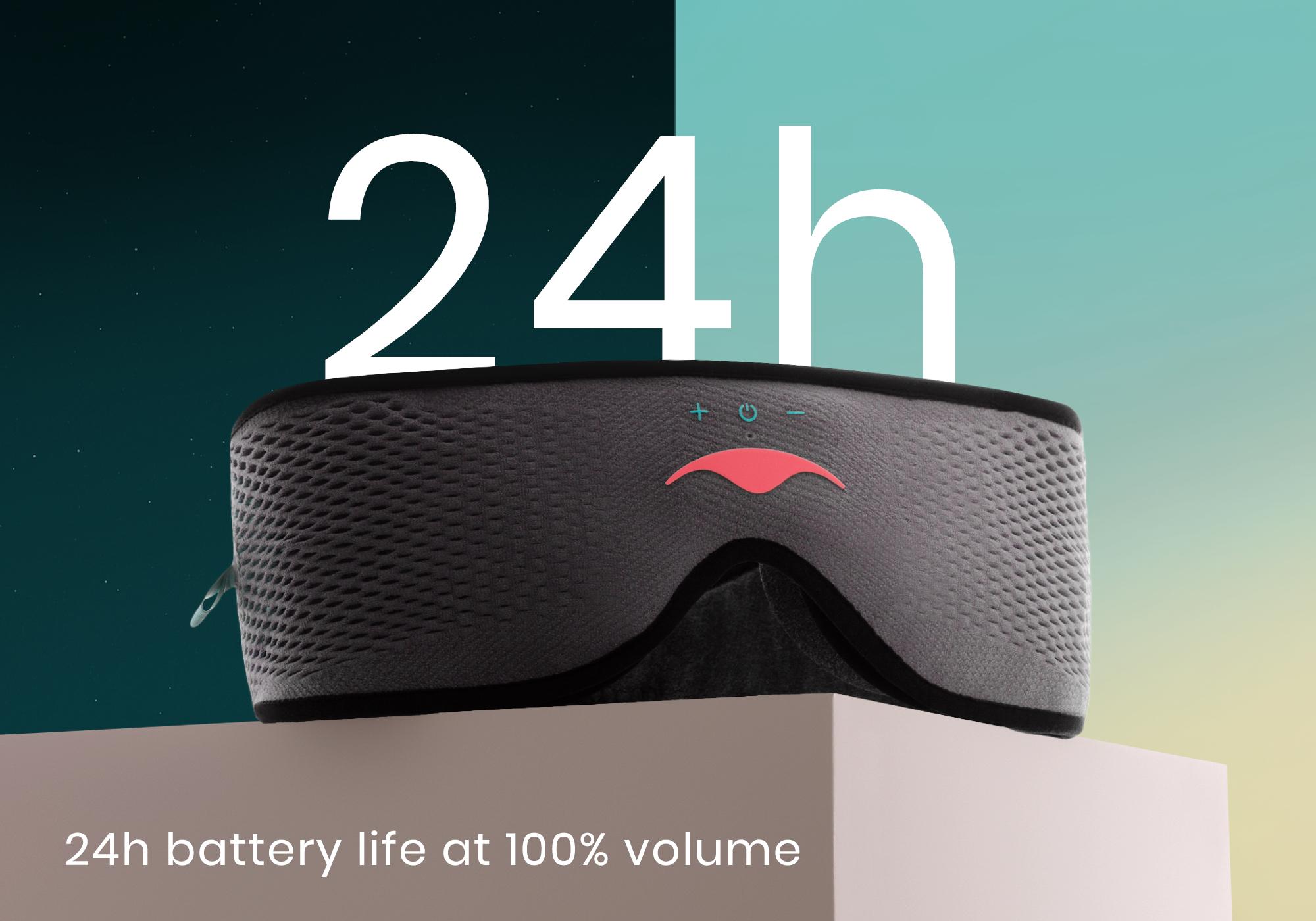 A gray Bluetooth sleep mask with headphones. There is white text above the mask saying 24 h, which refers to the battery life of the mask.