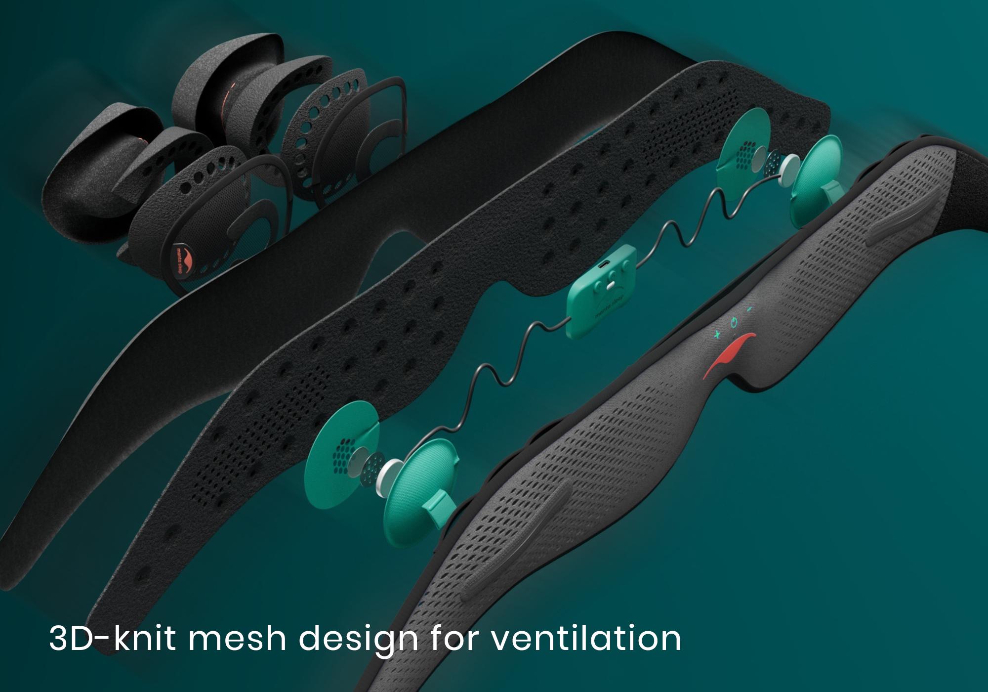 A deconstructed image of a gray Bluetooth sleep mask, showing the different parts of the mask and its 3D-knit mesh design.