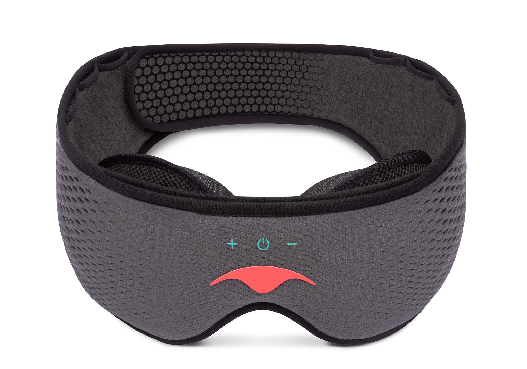 A gray Bluetooth sleep mask with built-in speakers.
