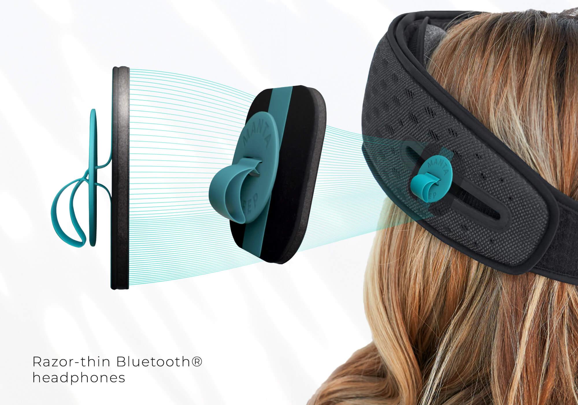 Close up images of built-in Bluetooth headphones in a sleep mask for meditation.