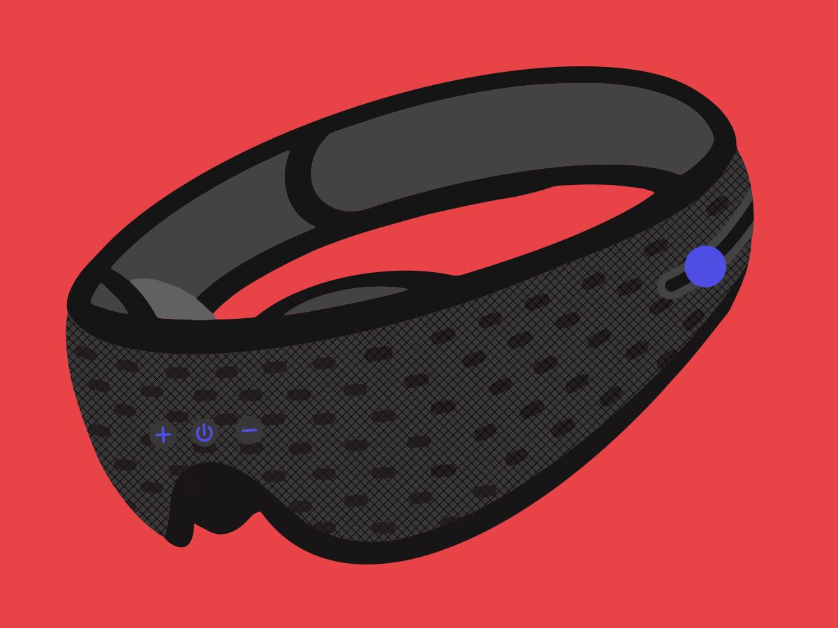 A black mesh sleep mask with headphones and eye cups.