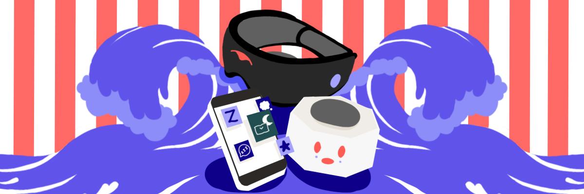 A white noise machine, a phone with white noise apps and a black mesh sleep mask with headphones surrounded by ocean waves.