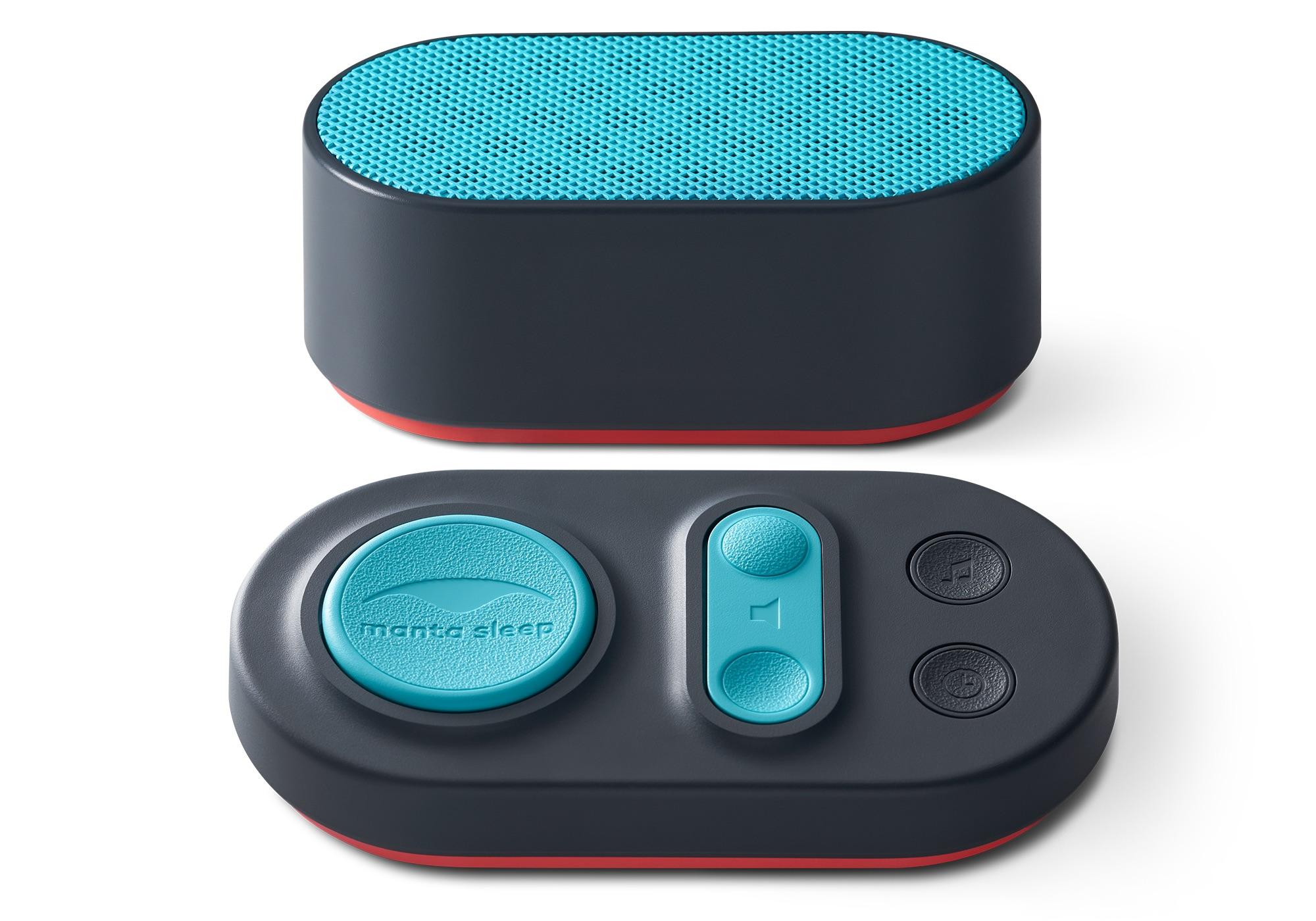 A white noise machine’s speaker and control pad that plays green noise.