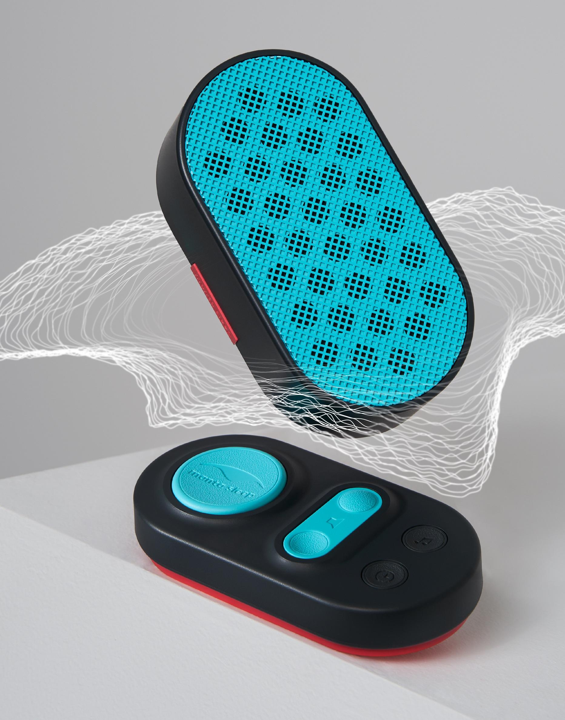 A white noise machine speaker and control pad with sound waves surrounding them, playing different kinds of colored noise.