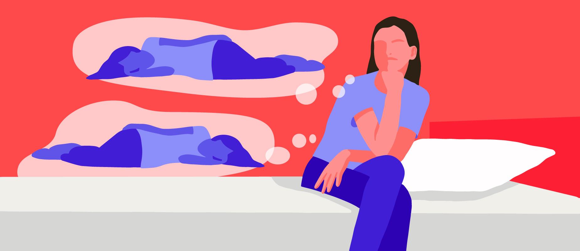 A girl sitting on the bed thinking about what’s the best side to sleep on.