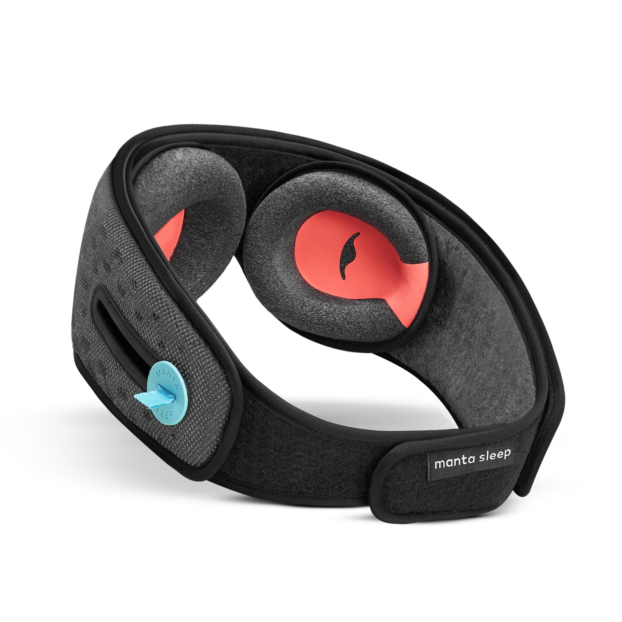 The interior of a sleep mask with headphones with two orange and black eye cups attached.