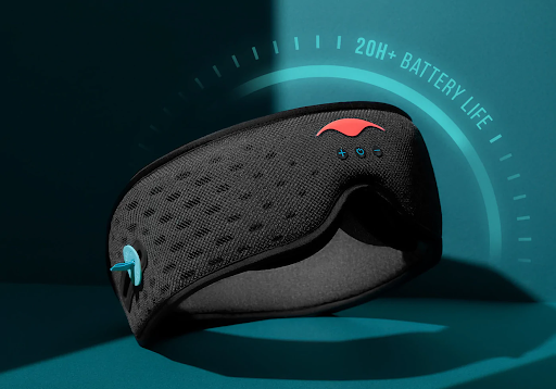 A black sleep mask with headphones and text reading 20H+ battery life.