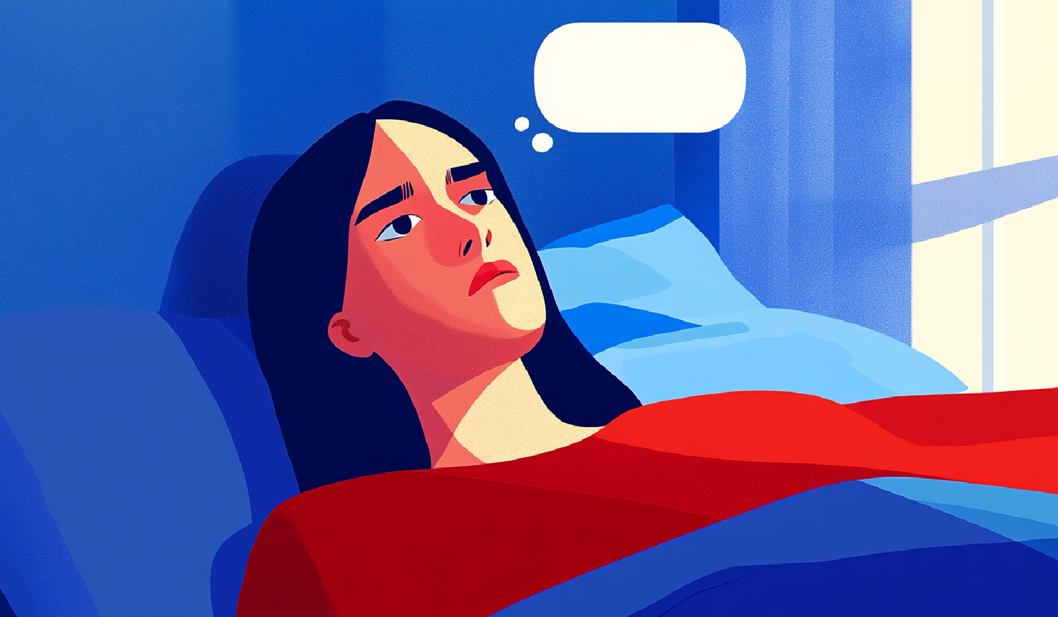 A girl lying in bed, trying to remember her dream in the morning. There is an empty thought bubble on top of her head.