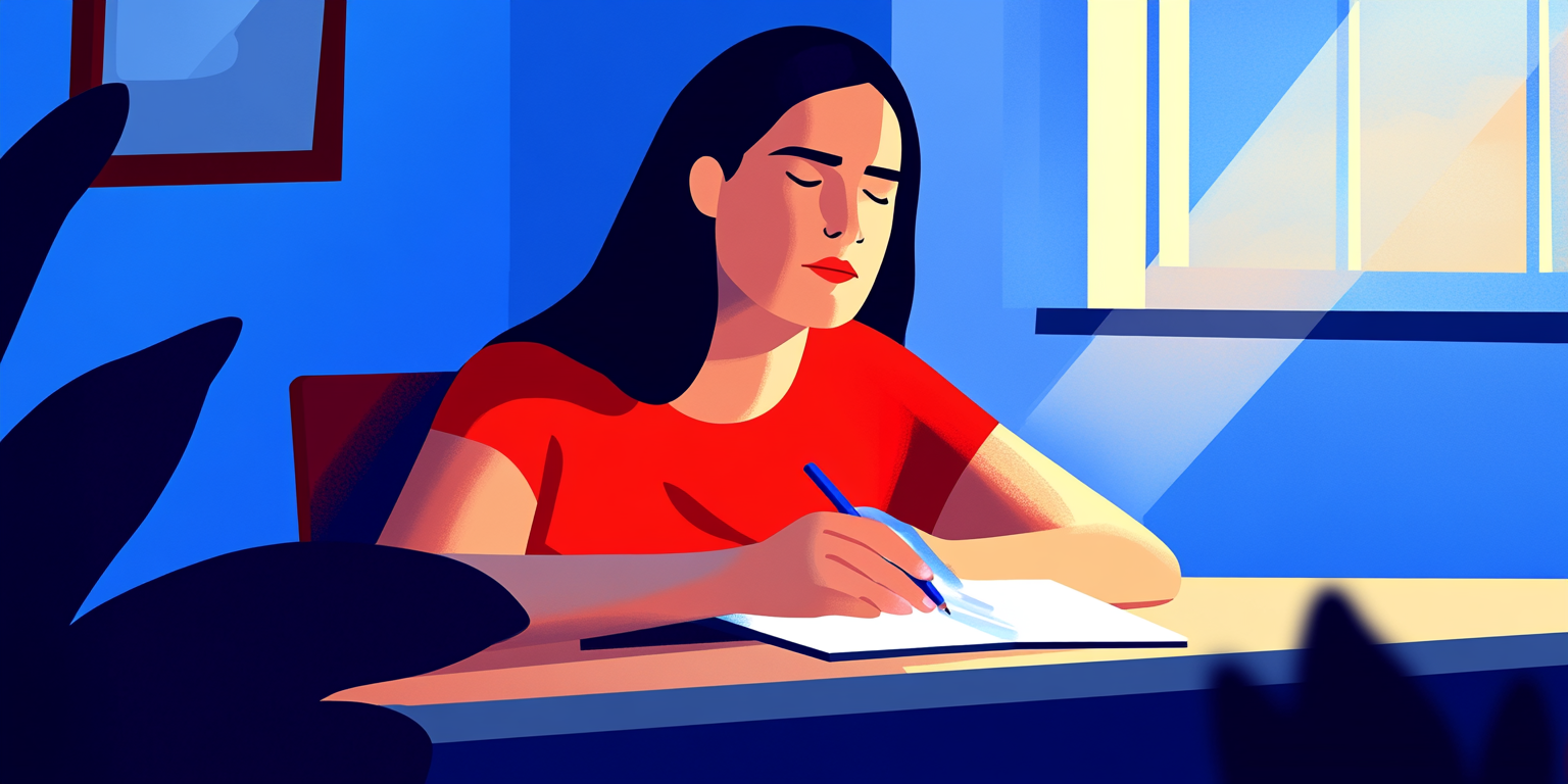 A girl sitting down at a desk, writing in her dream journal.