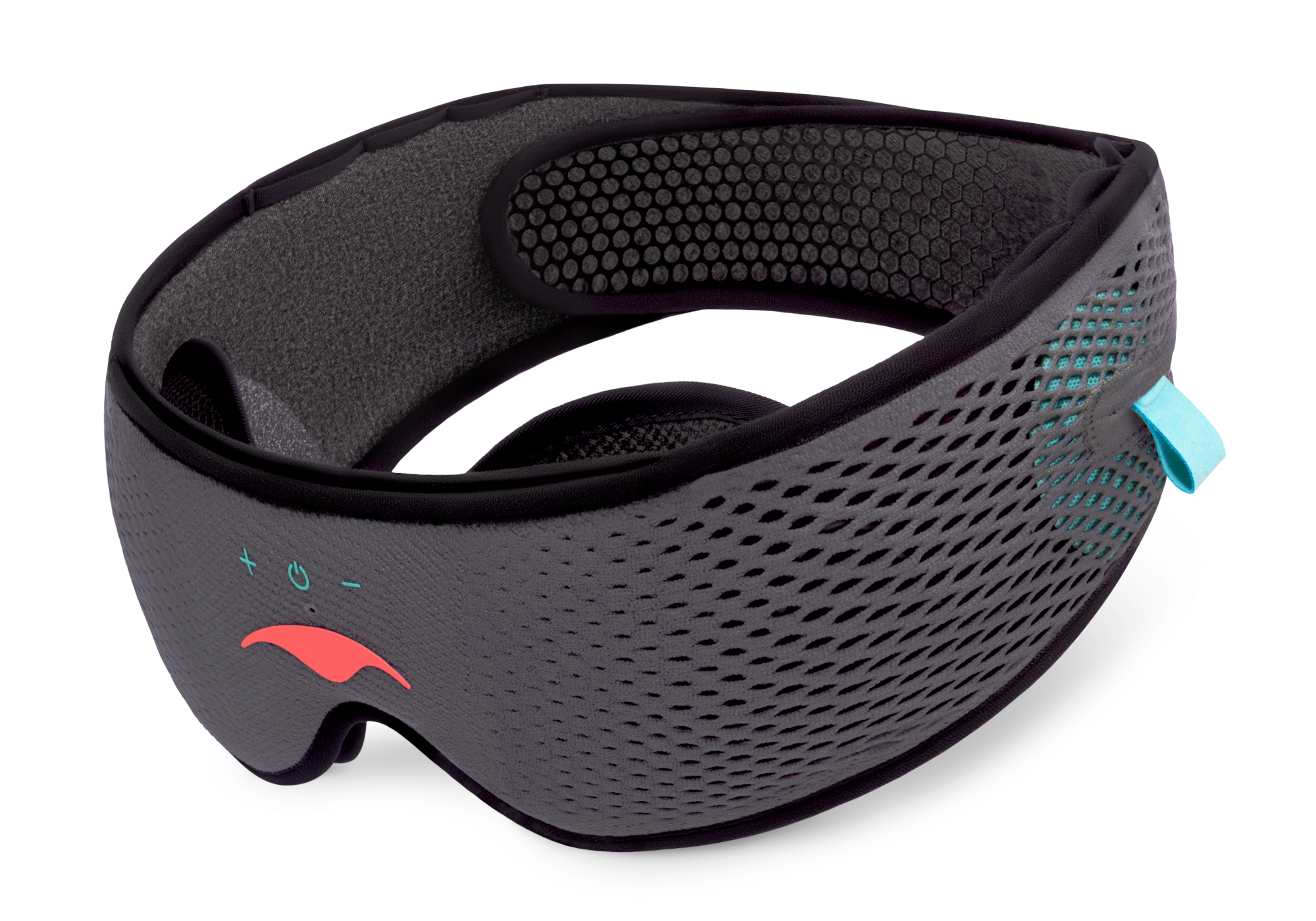 A gray mesh sleep mask with adjustable headphones.