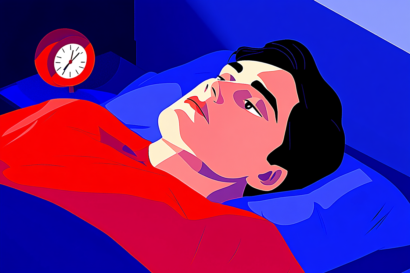 A man lying in bed staring at his clock, unable to fall asleep.