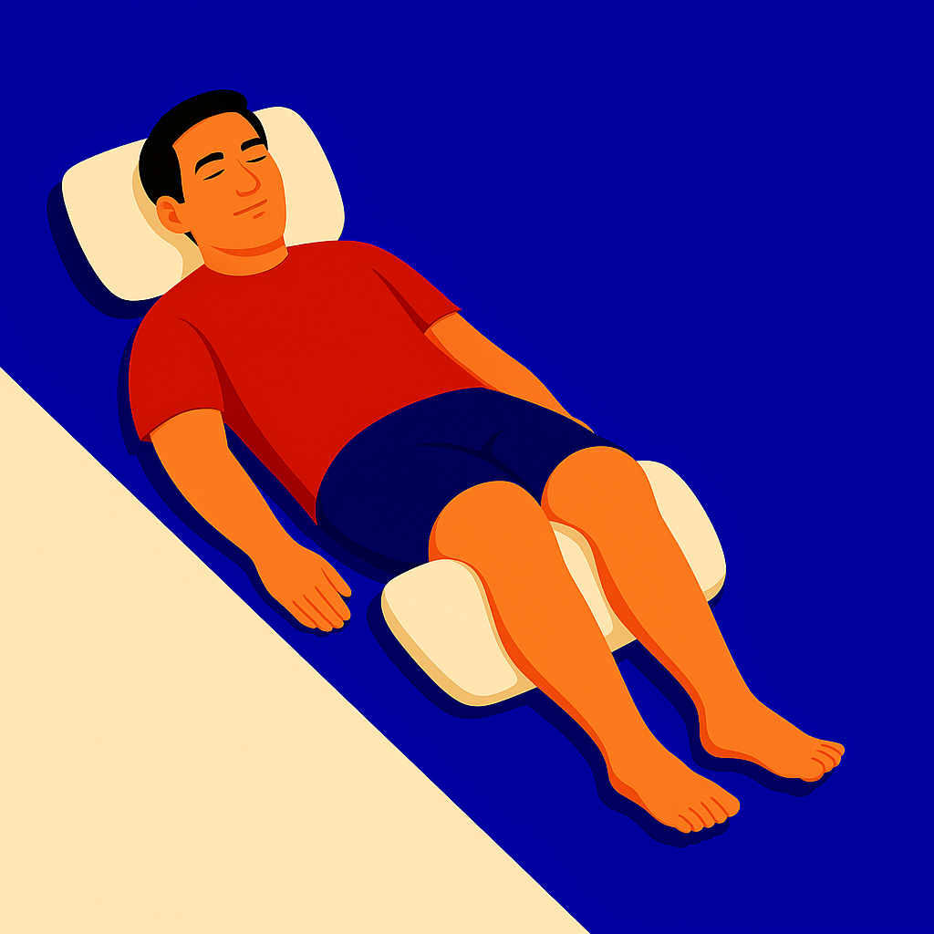A man sleeping in the supine position with one pillow under his head and another under his knees to ease symptoms of lower back pain.