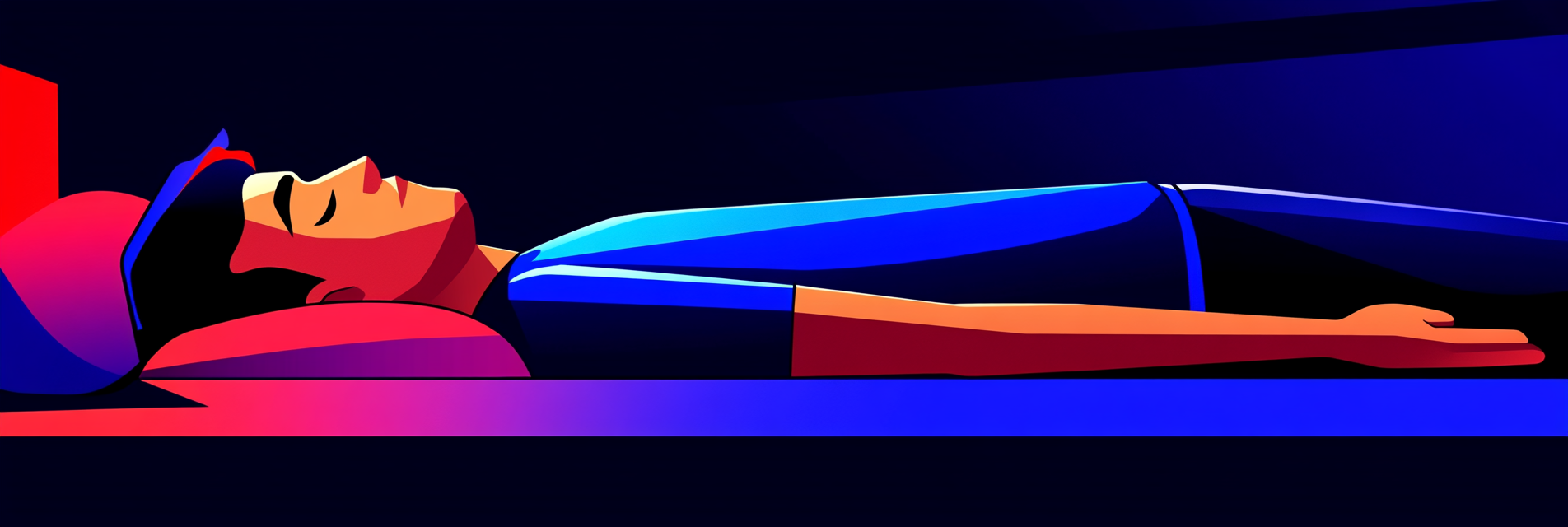 A man lying in the supine sleep position on his bed with one pillow under his head.