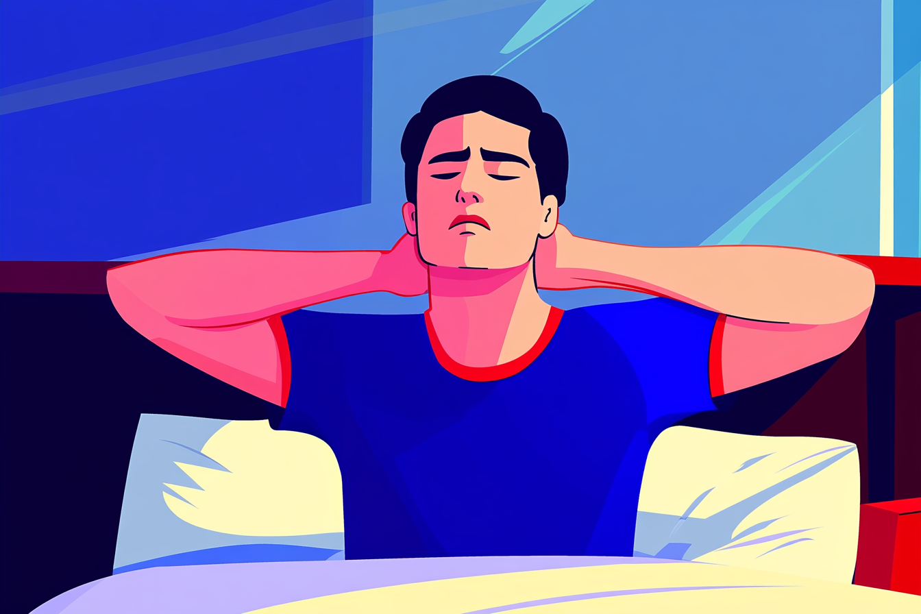 A man sitting up in bed, holding his aching neck with both hands.