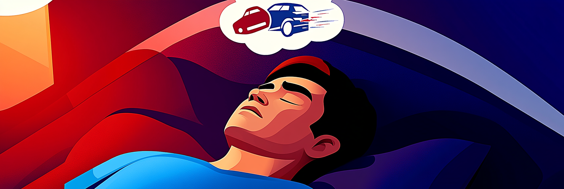 A sleeping man dreaming of a car crash.