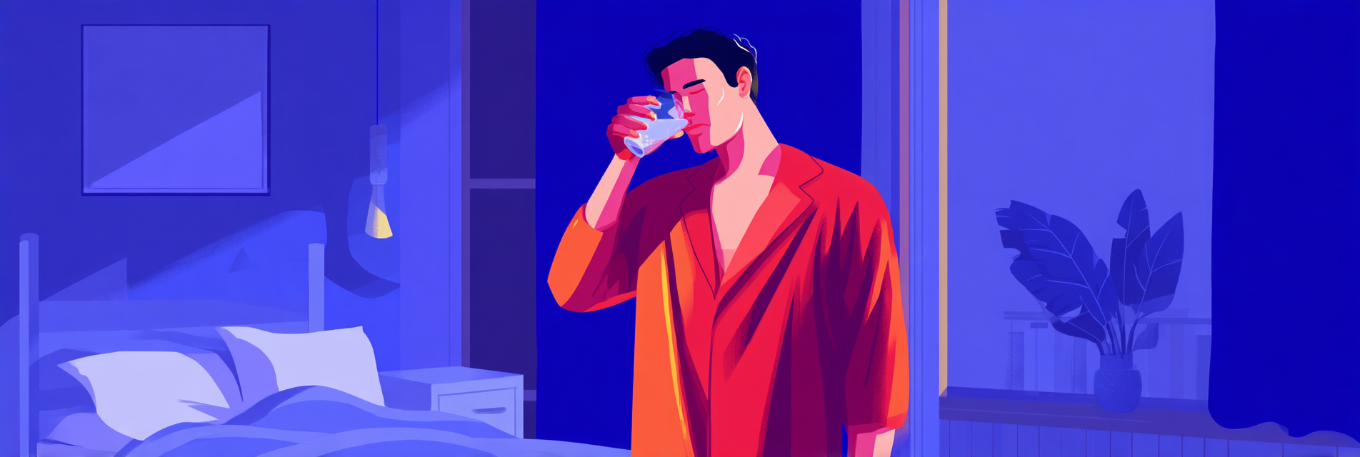 A man drinking water before bed to avoid waking up with a headache from dehydration.