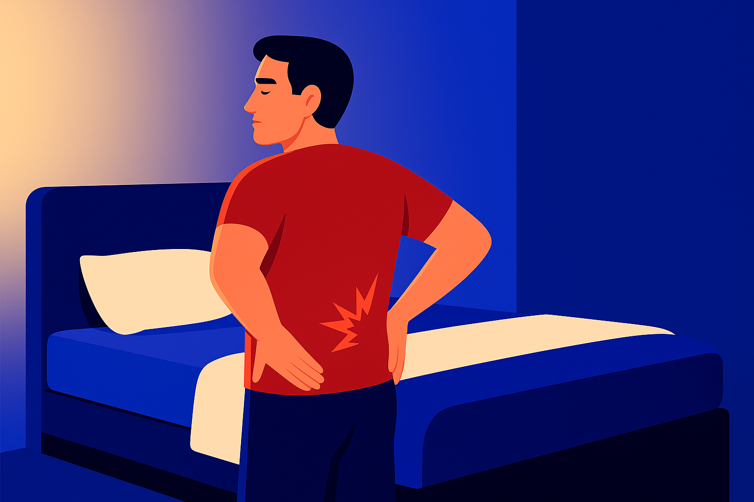 A man standing beside his bed, touching his lower back due to back pain.