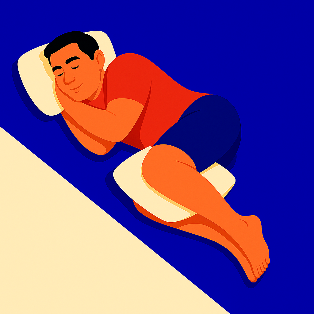 A man sleeping on his side with a pillow between his legs to relieve lower back pain.