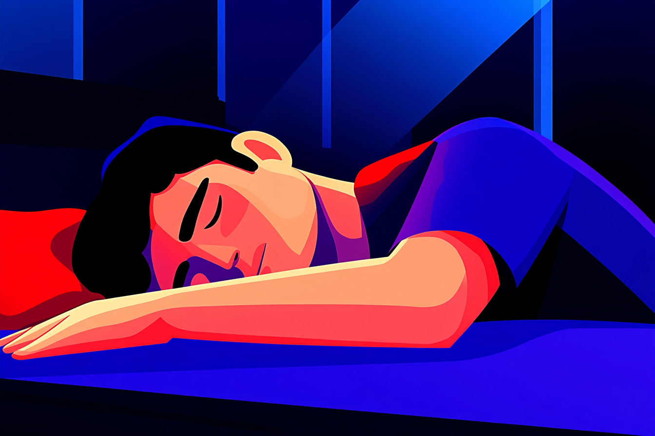 A man lying down in a side sleeping position on his bed.