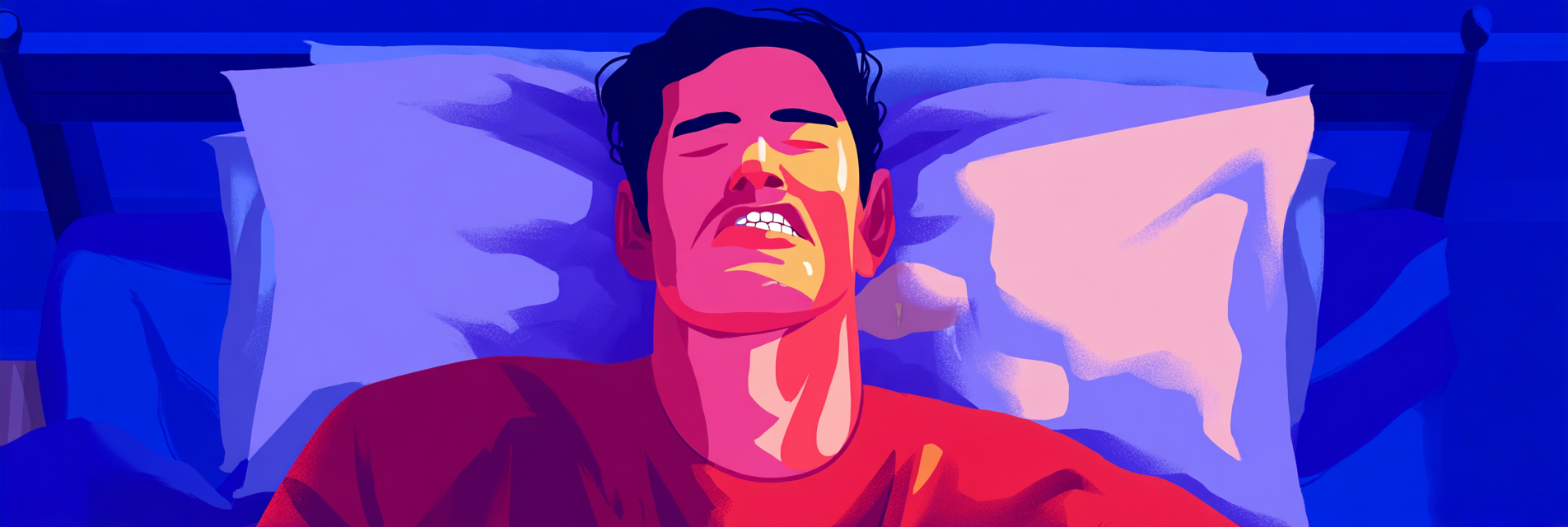 A man clenching his jaw and grinding his teeth while asleep in bed.