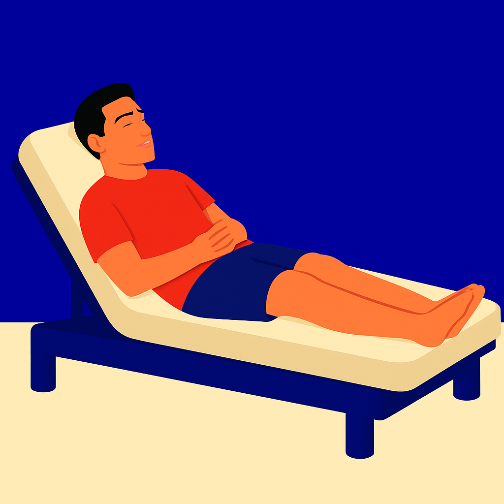 A man demonstrating the sleep position for lower back pain wherein he is sleeping on his back in a reclined position on an adjustable bed.