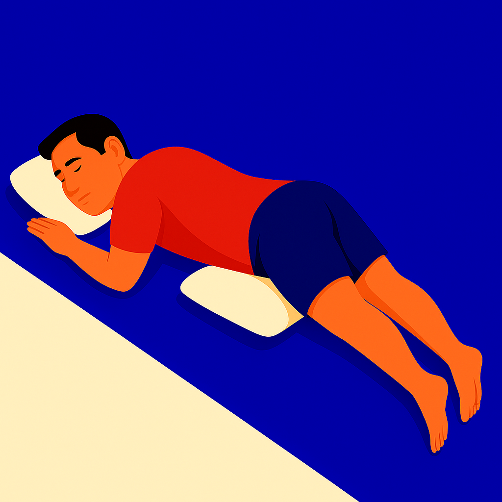A man sleeping in the prone position for lower back pain with one pillow under his head and another under his pelvis.