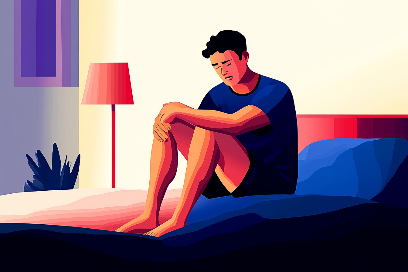 A man sitting on a bed, awakened by his right leg twitching.