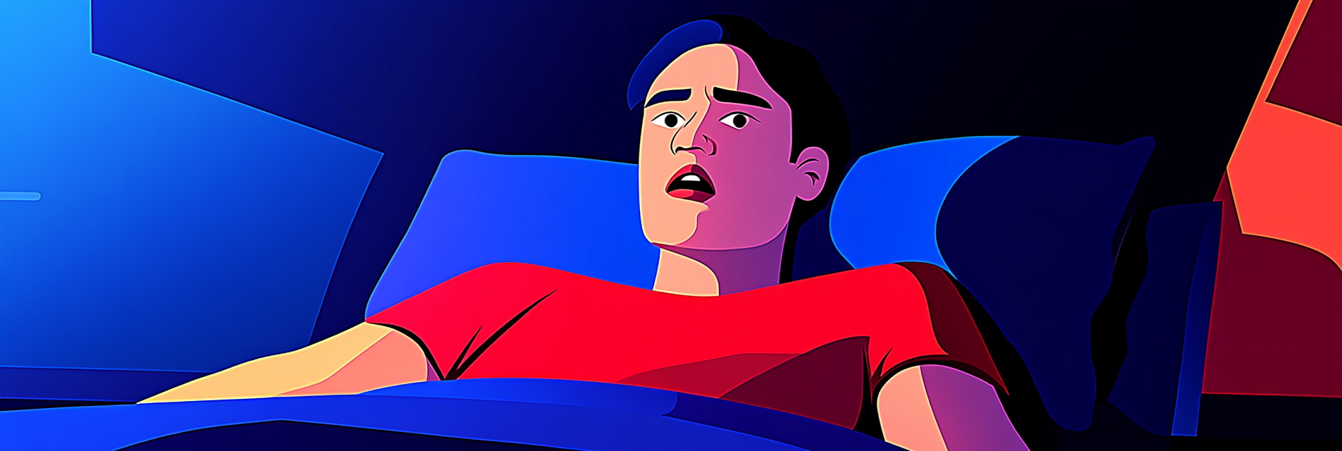 A man lying in bed, waking up due to a sudden and jarring noise.