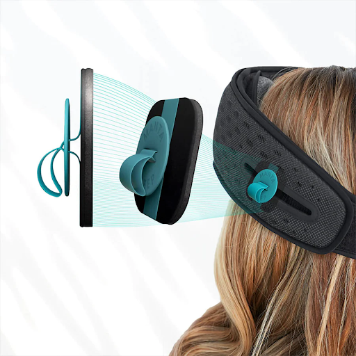 Two speakers with blue tabs and a head wearing a sleep mask with headphones.