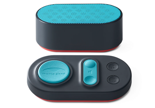 A blue and black white noise machine speaker and control pad.