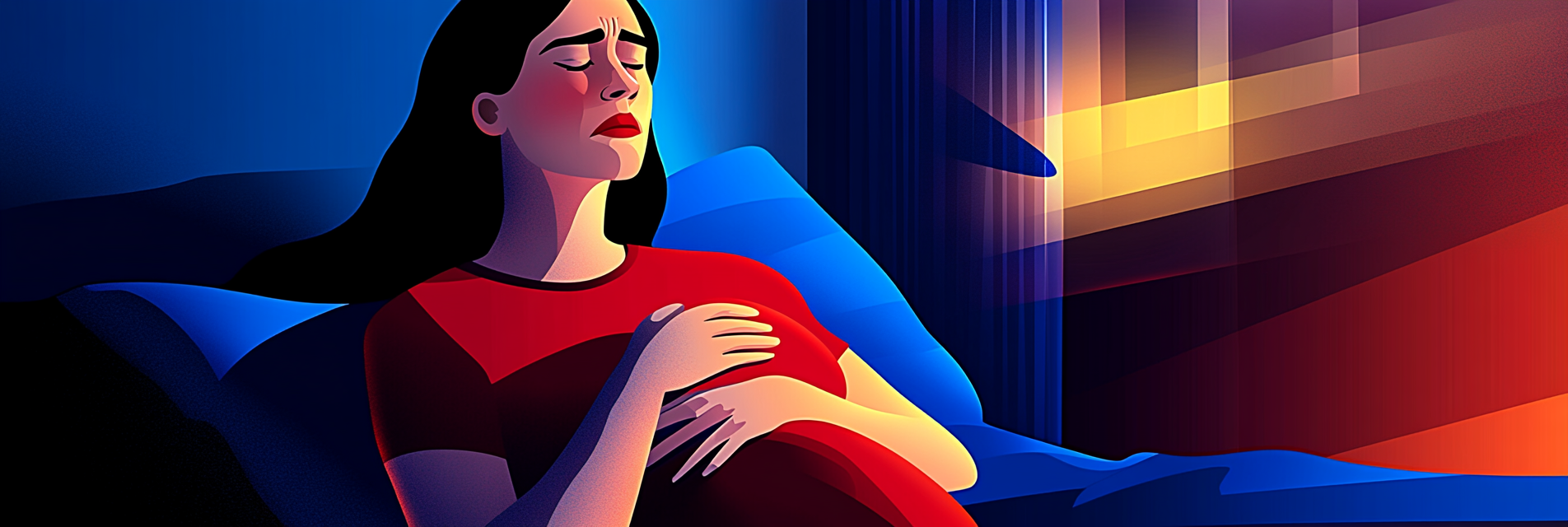 A pregnant woman sitting up in bed holding her chest due to pain from GERD.