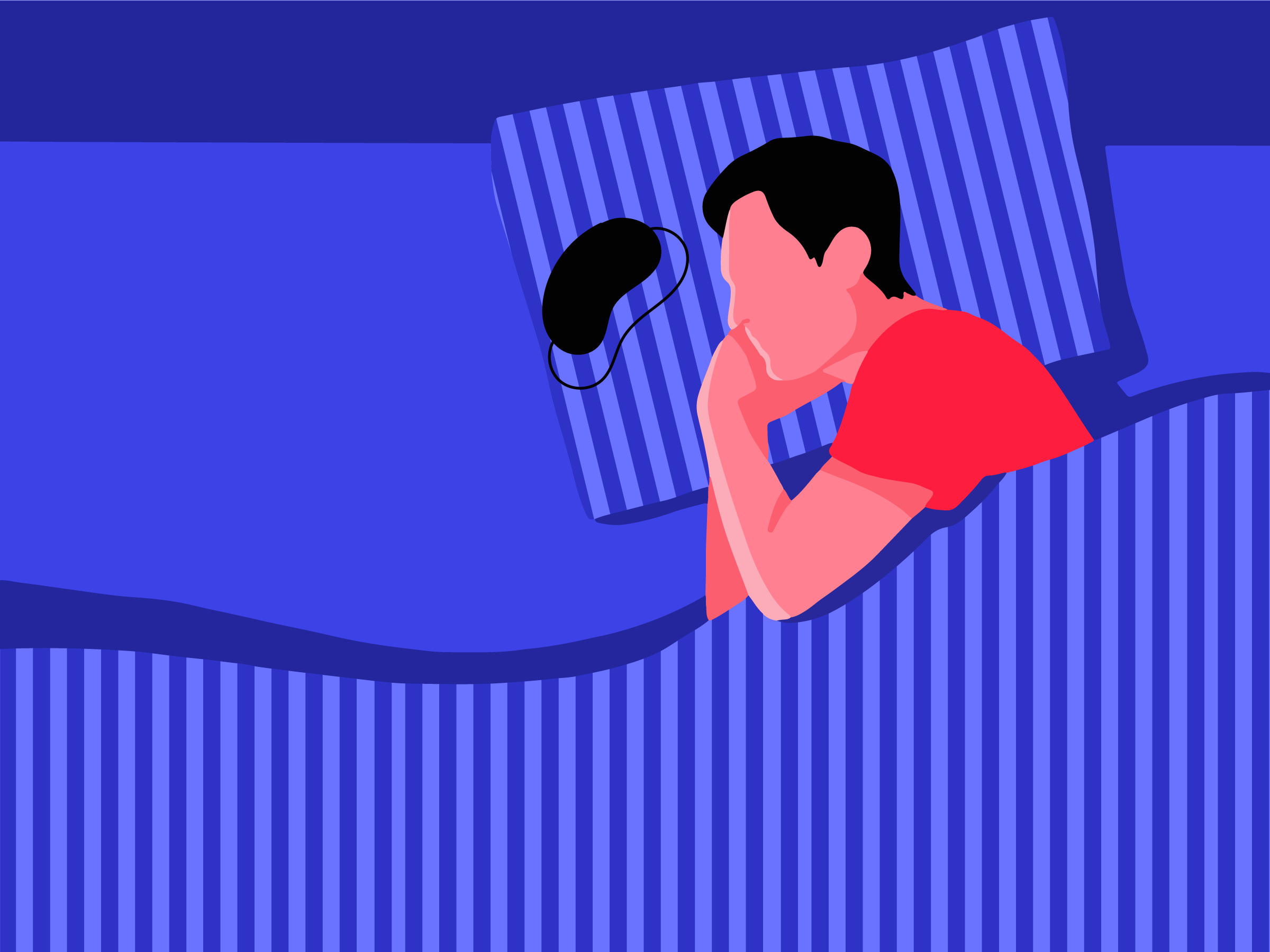 A man asleep on his side with a black eye mask on his pillow.