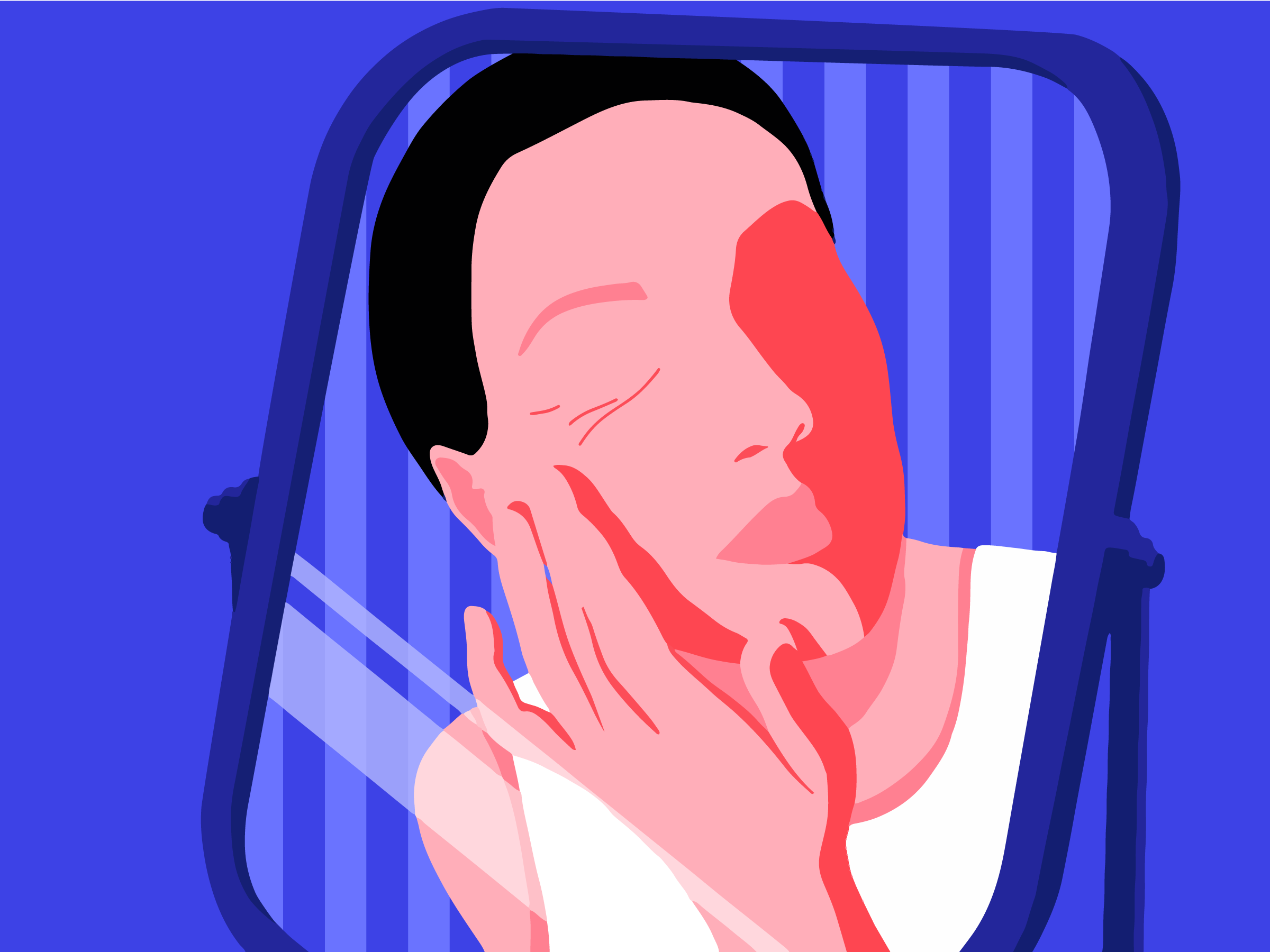 A girl touching the wrinkles on the skin around her eye area while looking at herself in the mirror.