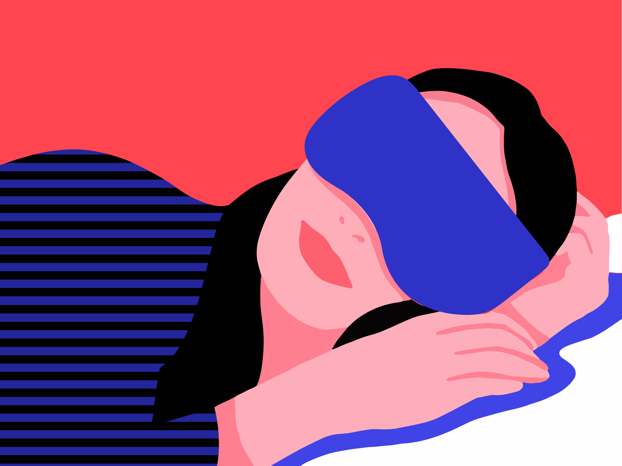 A side wearing a blue eye mask while sleeping on her side.