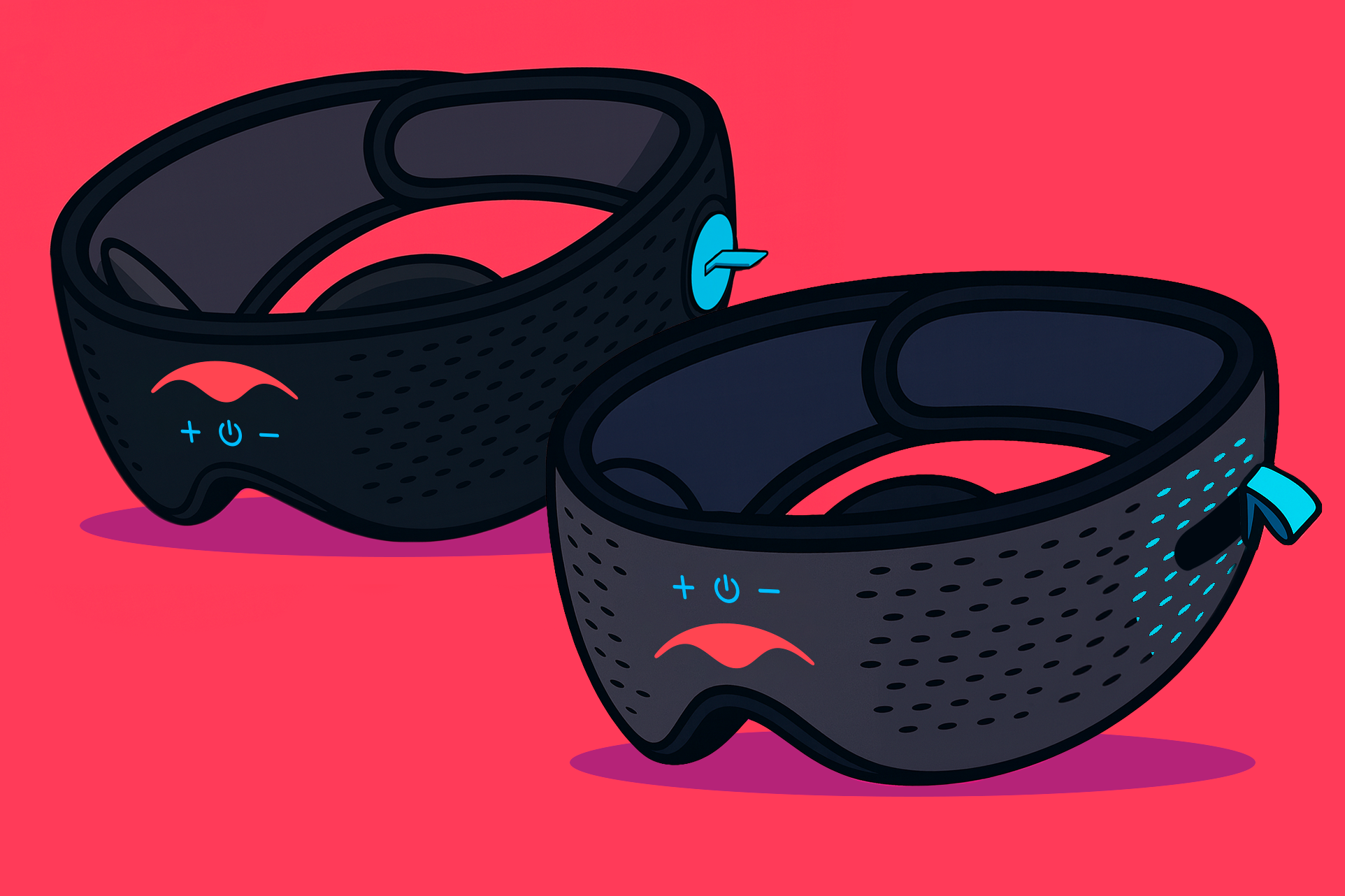 A side-by-side image depicting the NEW Manta SOUND Mask and Manta SOUND Mask Previous Gen against a red background.