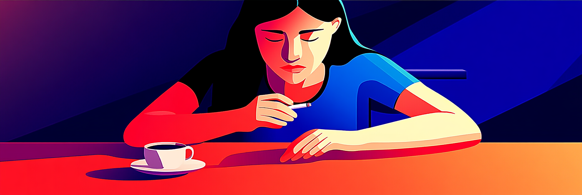 A woman holding a cigarette with a cup of coffee beside her on a table.