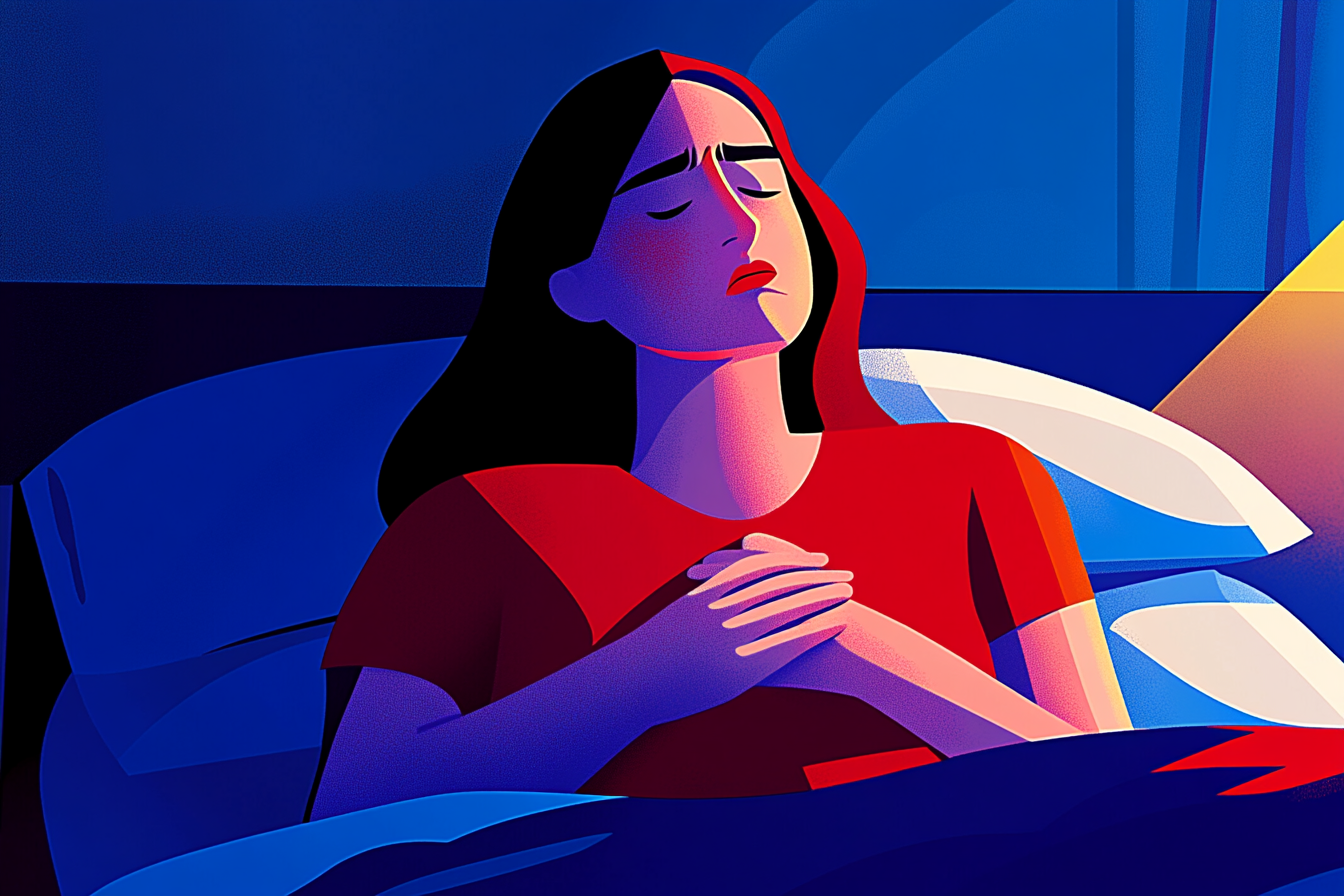 A woman sitting up in bed, holding her chest due to pain from heartburn.