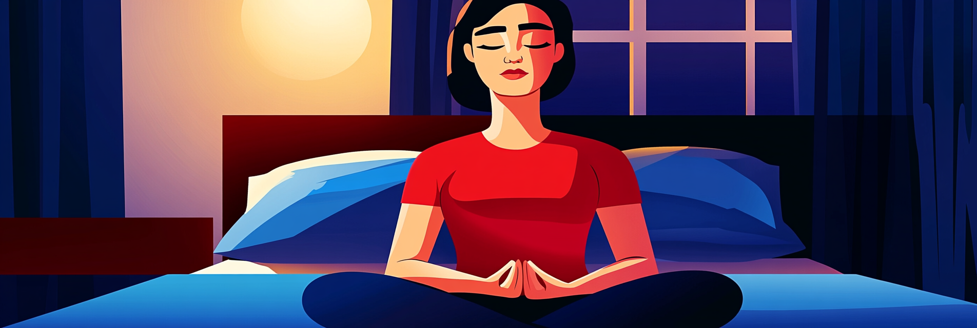 A woman meditating on her bed as part of her bedtime routine to prevent sleep talking.