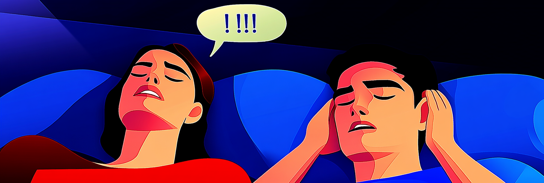 A woman is talking in her sleep, while her partner covers his ears to block out the noise.