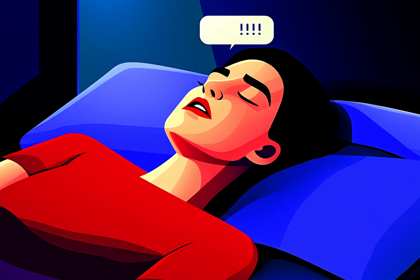 A woman lying down on a blue pillow and talking in her sleep.